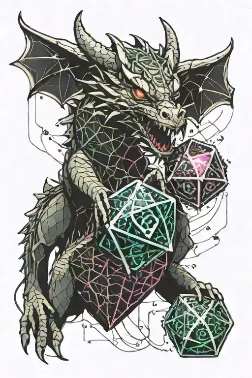 dragon hugging d20 dice tattoo design idea