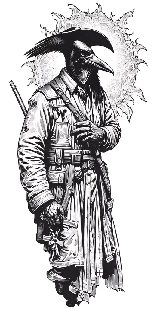 plague doctor with raven and traditional firefighter tattoo design idea