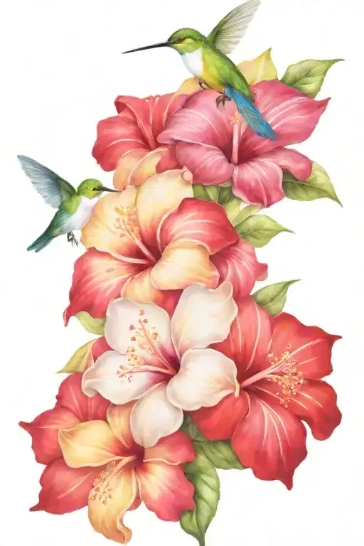 hibiscus and plumeria flowers with  humming birds  tattoo design idea