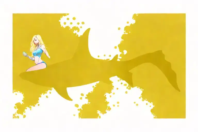 cute blonde girl with blue eyes riding on top of a hammerhead shark through some colorful coral reef tattoo design idea