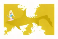 cute blonde girl with blue eyes riding on top of a hammerhead shark through some colorful coral reef tattoo design idea