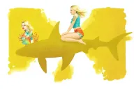 cute blonde girl with blue eyes riding on top of a hammerhead shark through some colorful coral reef tattoo design idea