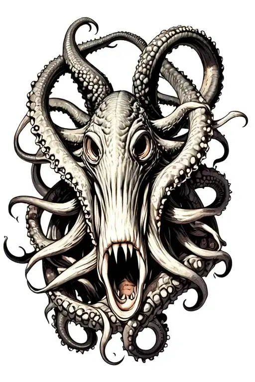 kraken fight with tentacles teeth claws and Cthulhu tattoo design idea