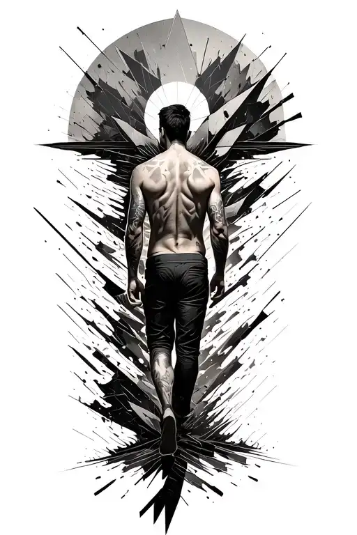 a man walking through chaos and destruction towards contentment. seen from behind tattoo design idea