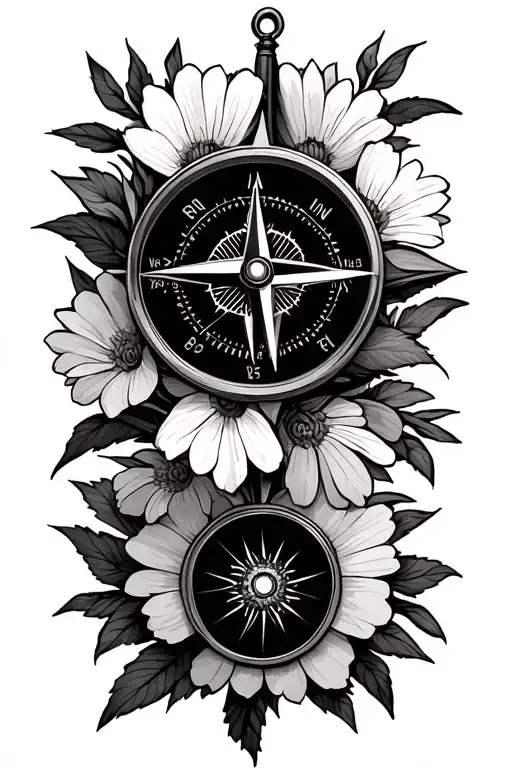 compass with flowers surrounding tattoo design idea