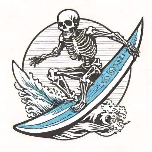 skeleton riding surf board tattoo design idea