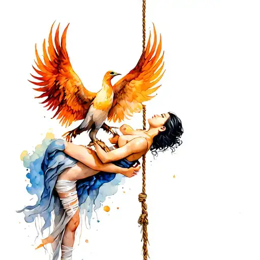 phoenix bird carrying bandaged woman suspended by rope tattoo design idea