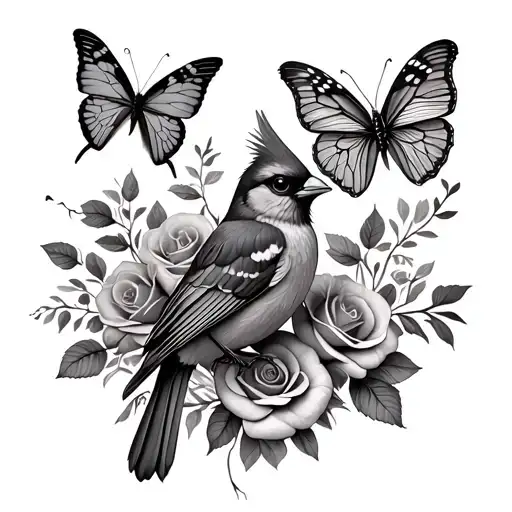 "Feathers, butterflies " cardinal bird perched butterflies flying roses blooming tattoo design idea