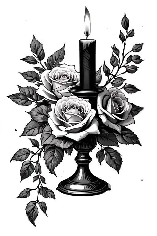 Give me a half-sleeve tattoo of a lit candlestick with a bundle of roses in the background tattoo design idea