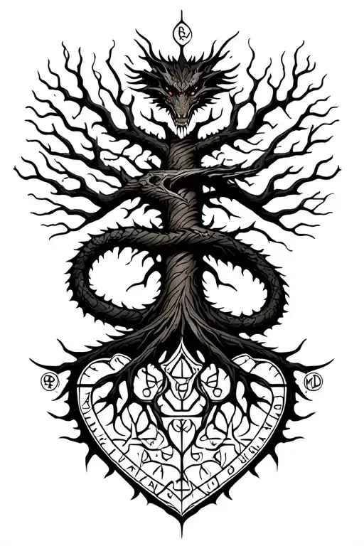 nordic tree of life with a nordic dragon wrapped around and runes surrounding it tattoo design idea
