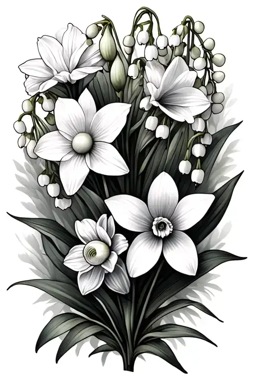 daffodil, aster, lily of the valley flowers tattoo design idea