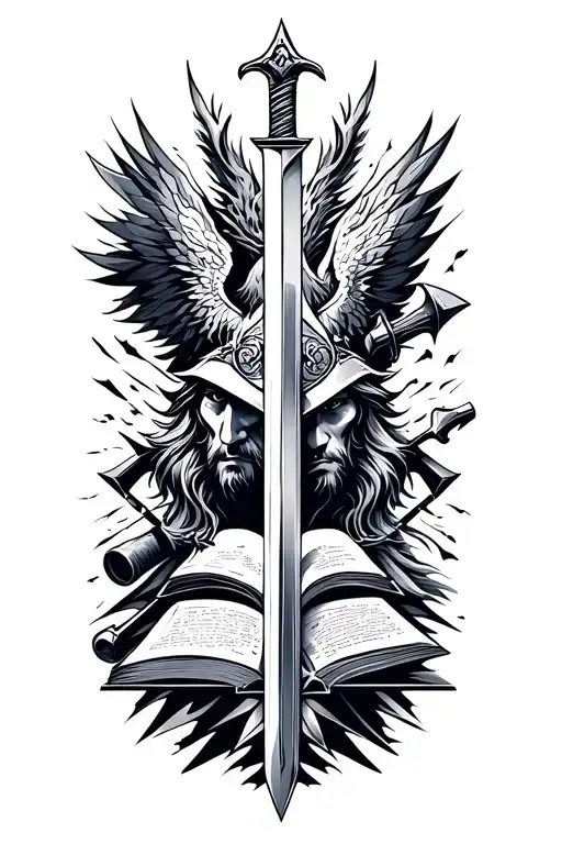 Warrior, Wizard, Blacksmith Faces With Sword, Hammer, Book And A Phoenix Tattoo tattoo design idea