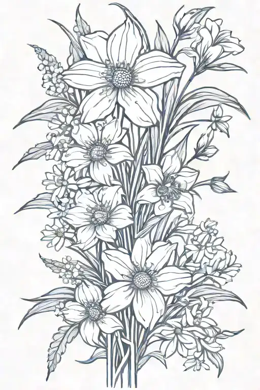 daisies and daffodils with cherry blossoms, snow drops, violets, greenery stems bouquet  tattoo design idea