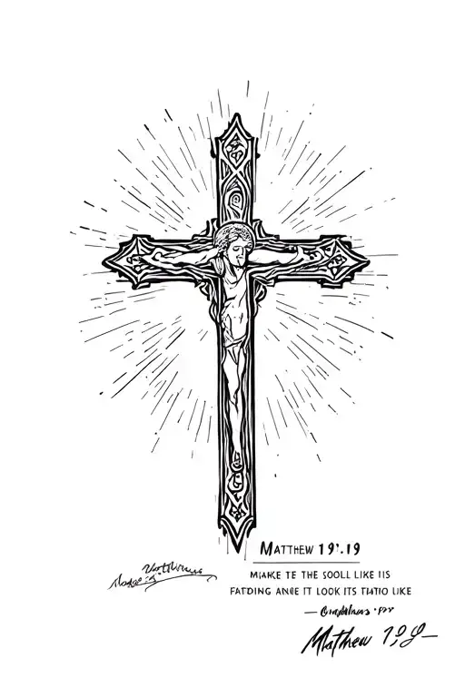 cross made with matthew 19:19 bible verse and 2 signatures, make the cross solid and look like its fading at bottom tattoo design idea