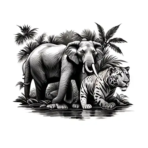 jungle tattoo on the lower leg, below the knee. Elephant on the back and panther on the front tattoo design idea