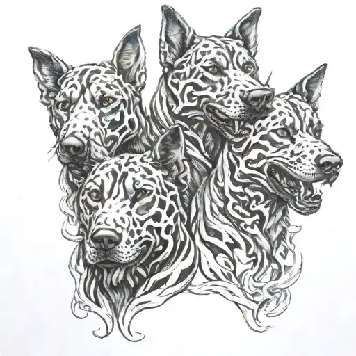 3 headed dog, black flames, tattoo design idea