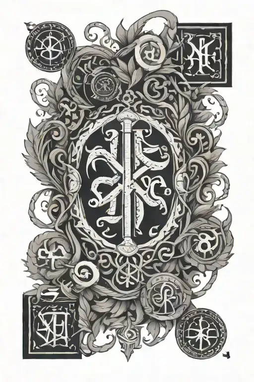 Nordic-style tattoo, Gemini sign, surrounded by Nordic runes. Incorporate nature elements tattoo design idea