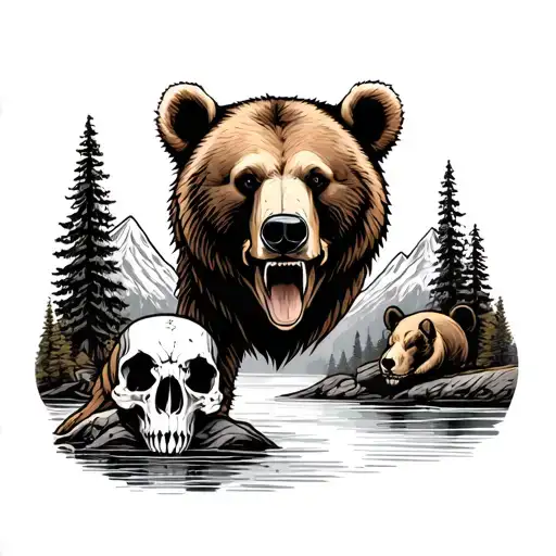 brown bear tattoo in the middle on the sides 2 animal skulls with a background of mountain pines and river with a Native tattoo design idea