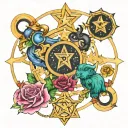 celestial stars, Gemini, Taurus, Libra symbol intertwined tattoo design idea