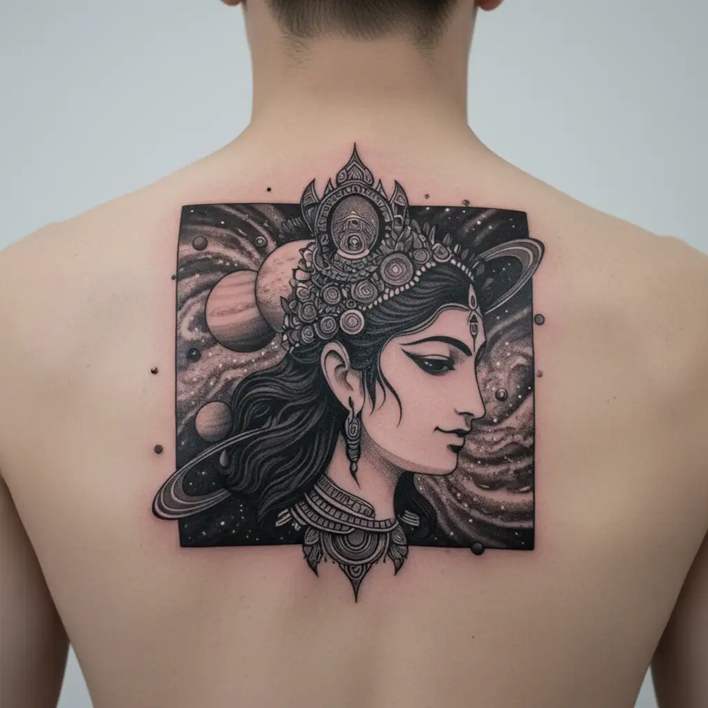 kali goddess head and planets in the background tattoo design idea