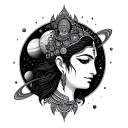 kali goddess head and planets in the background tattoo design idea
