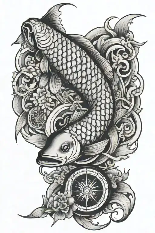 japanses style tattoo featuring arowana fish, compass & infinity sign tattoo design idea