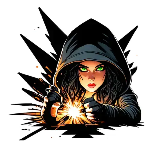sexy dark hair green eyed woman welding with hood flipped up tattoo design idea