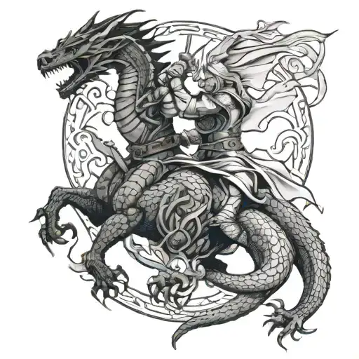 norse gaelic warriors fighting a dragon  tattoo design idea