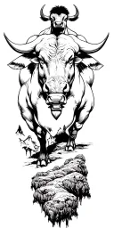 Raging Bull overlooking a valley tattoo design idea