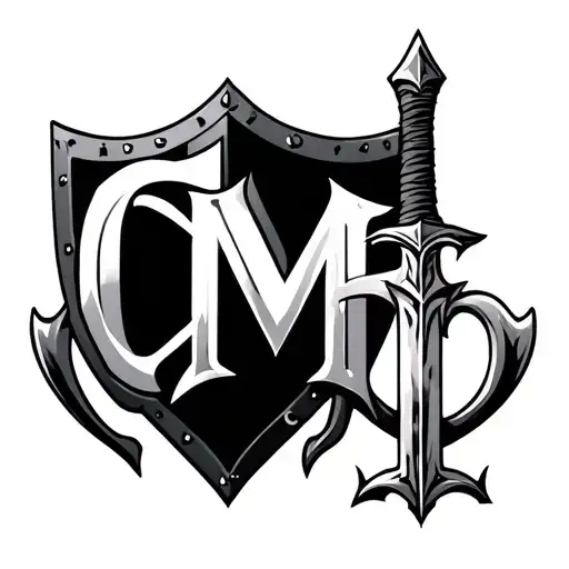 LETTERS CMB in a viking inspired font with a long sword emerging from the letter M and the other letters form a shield tattoo design idea