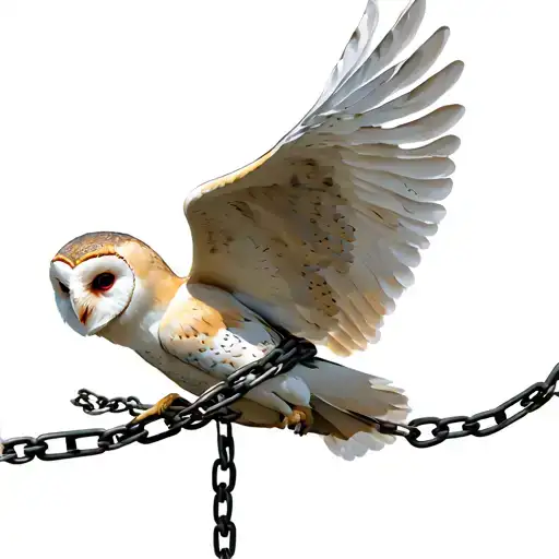 realistic white barn owl flying but wrapped in chains symbolically preventing it from flying away and spreading its wing tattoo design idea