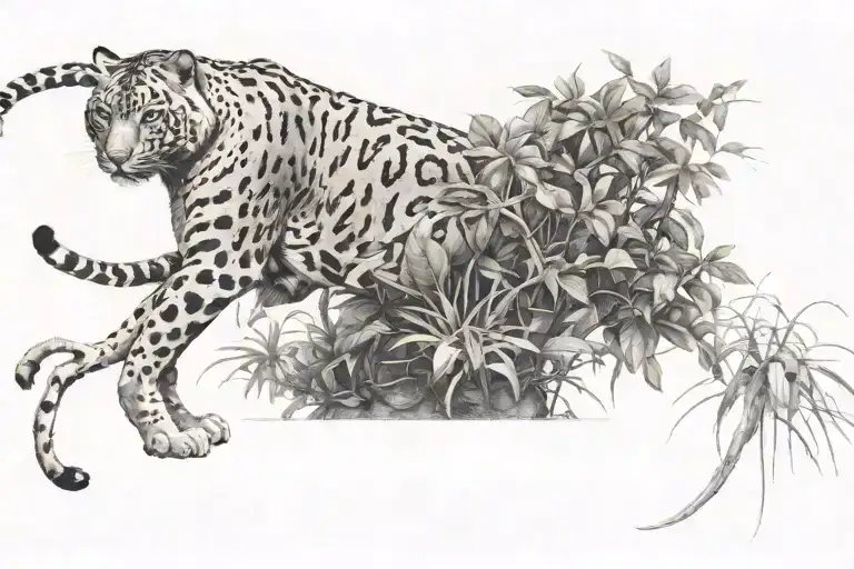 I want a exotic big cat walking through heavy plants. The big cat must be stepping on a cracked skull. tattoo design idea