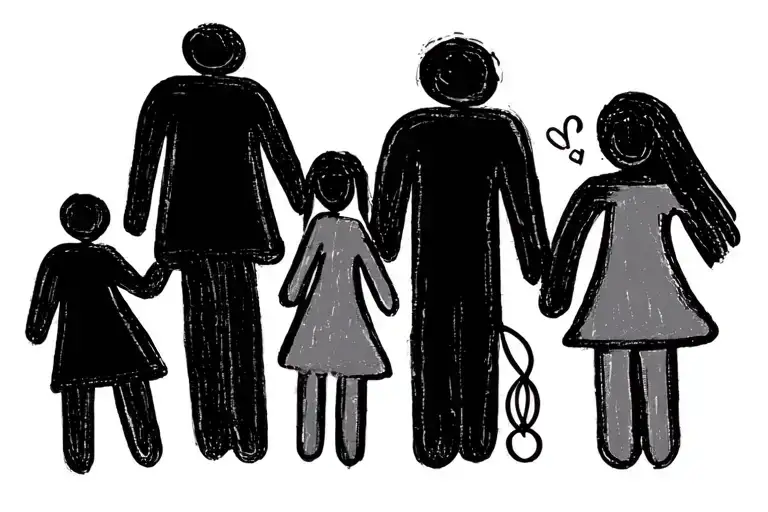 simple black single line tattoo of five stick figures representing family members with a dad, mum, 1 boy and 2 girls tattoo design idea