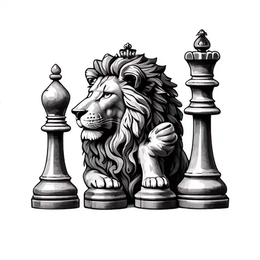 lion with queen chess piece incorporating elements tattoo design idea