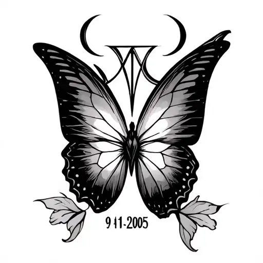 Virgo symbol with a butterfly at the end and the date 9-1-2005 underneath it tattoo design idea