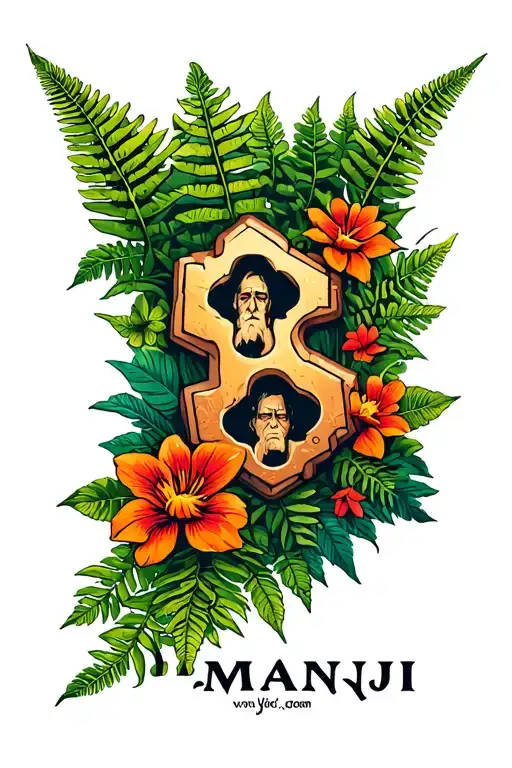 jumanji movie from 1995 game pieces surrounded by ferns and flowers tattoo design idea