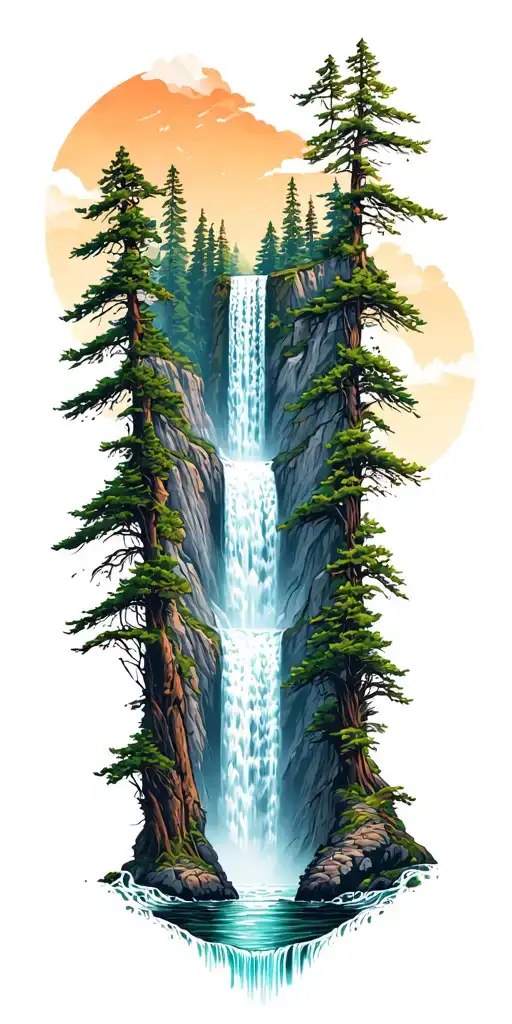 very tall and narrow vertical waterfall forest mountain landscape no depth tattoo design idea