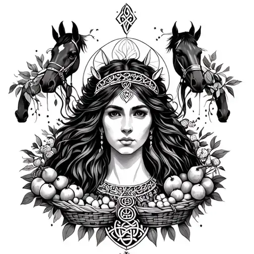 Celtic Goddess, Epona. surrounded by Horses and baskets of fruit tattoo design idea