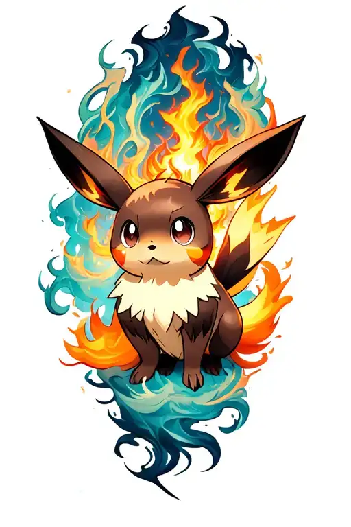 Tattoo design on right calf showing Eevee evolving into Flareon, surrounded by swirling fire and smoke. The energy flows tattoo design idea