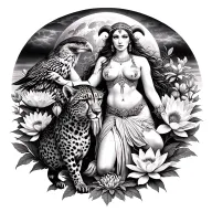 sexy aries goddess surrounded by poeny and lotus flowers growing with a cheetah and a hawk with mars in the background  tattoo design idea