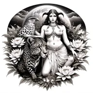 sexy aries goddess surrounded by poeny and lotus flowers growing with a cheetah and a hawk with mars in the background  tattoo design idea
