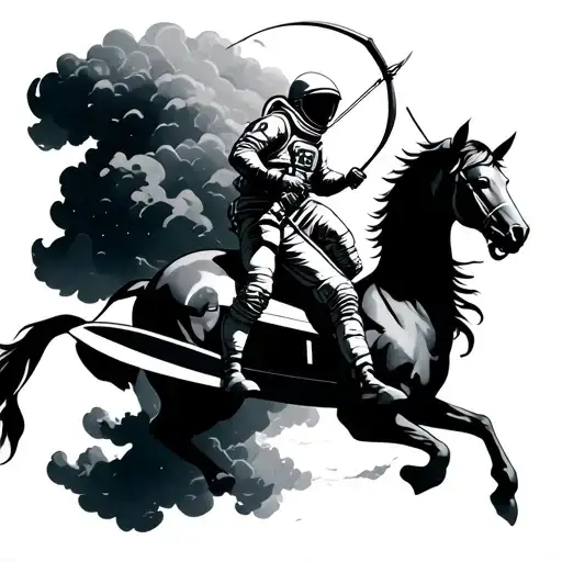 Astronaut Surfer riding cloud centaur archer as a shadow tattoo design idea