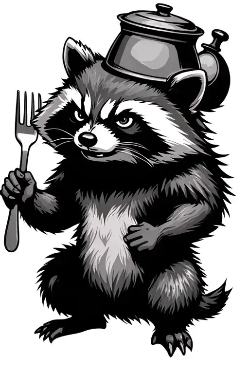 angry raccoon holding fork in one hand, with pot on head tattoo design idea
