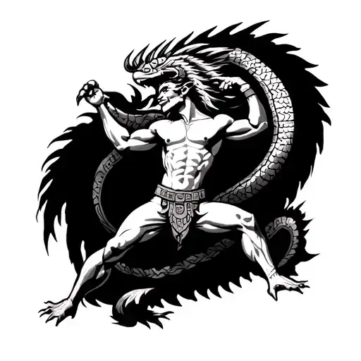 quetzalcoatl fighting Aztec god figure surrounded tattoo design idea