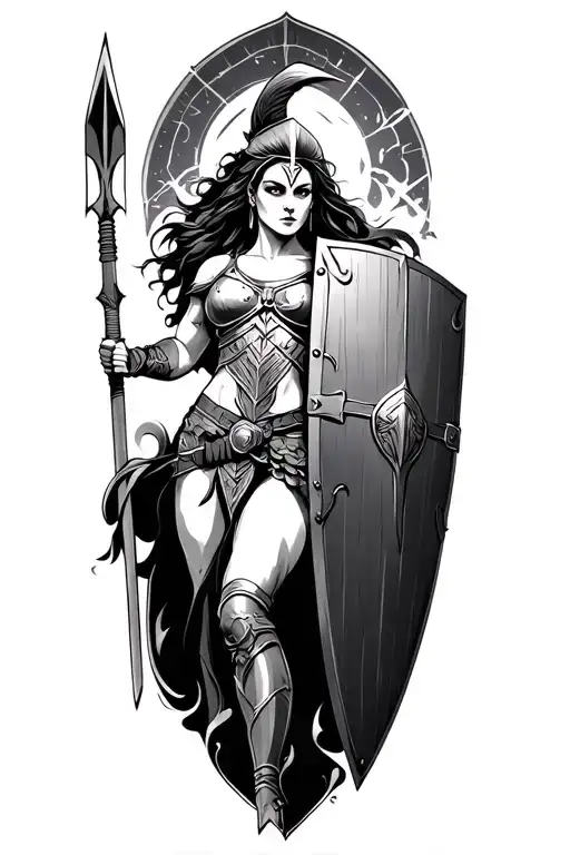ares as a female spartan with spear and shield adorned tattoo design idea