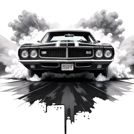 modern professional camera with a telephoto lens. Behind the camera, a classic muscle car is doing a massive burnout,  tattoo design idea