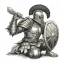 Gladiator dressed in armor, shield and helmet kneeling tattoo design idea