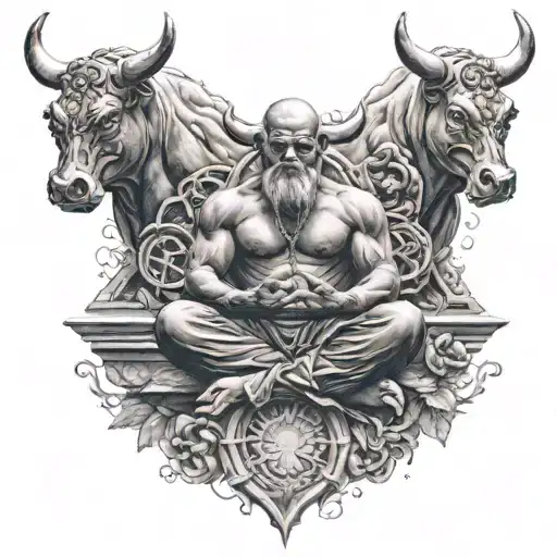 person meditating charged by bull and bear tattoo design idea