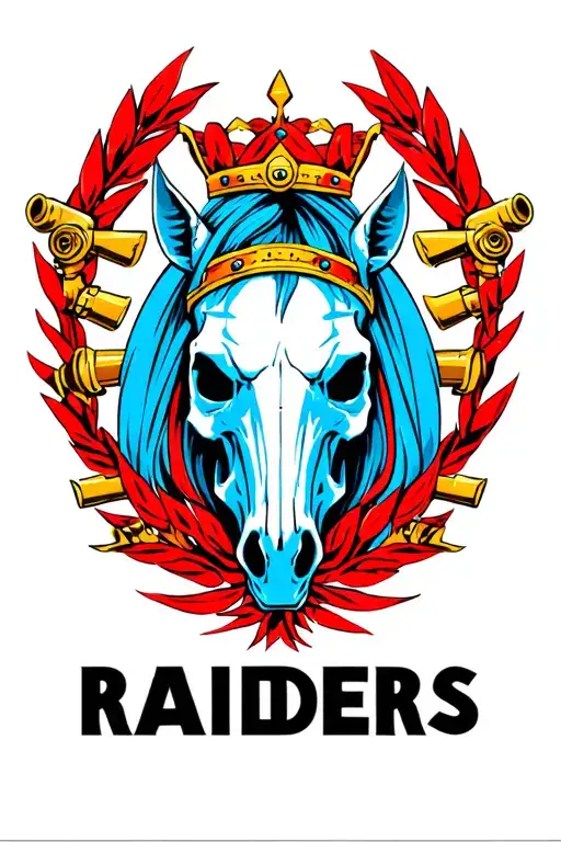 "RAIDERS" blue horse skull with red wreath crown and gold cannons on backdrop tattoo design idea