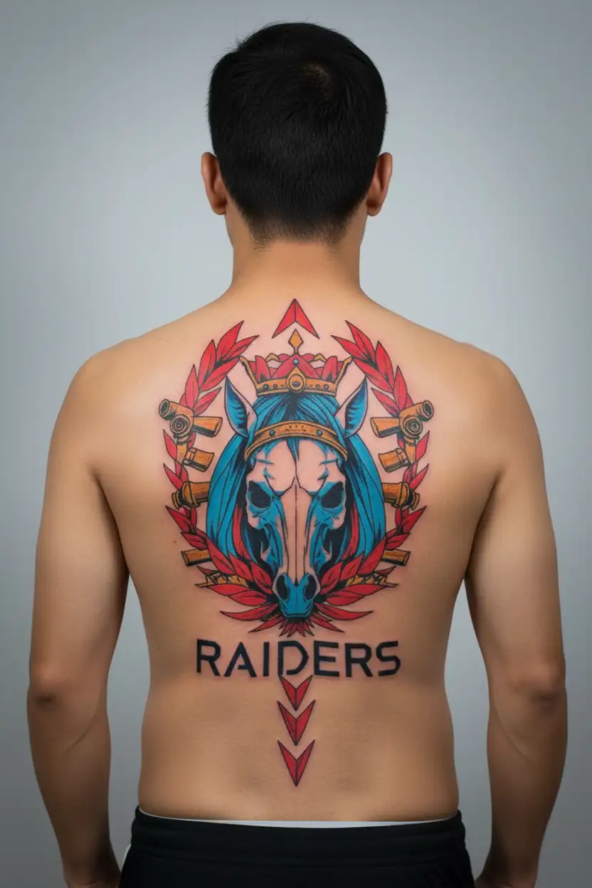 "RAIDERS" blue horse skull with red wreath crown and gold cannons on backdrop tattoo design idea
